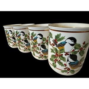 Set of 4 Vtg Otagiri Japan Gibson Greeting Christmas Gold Trim Mugs Birds/Holly